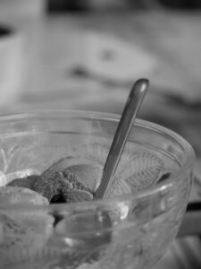 ice cream, teaspoon, dessert, bowl of ice cream, food, bowl, delicious, sweet, tasty, black and white, monochrome
