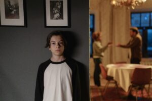 Understanding Adolescent Addiction to Porn Sites A boy stands in focus, while two adults argue in the background, depicting family conflict.